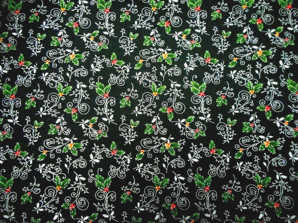 Christmas Fabric By Half-Yard Holly Berries Metallic Silver on Black Cotton #36