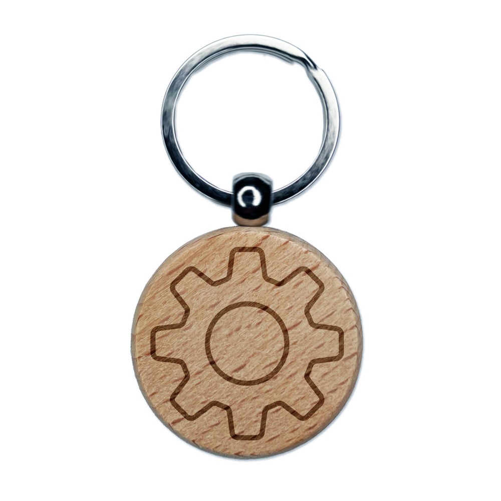 Gear Outline Engraved Wood Round Keychain Tag Charm