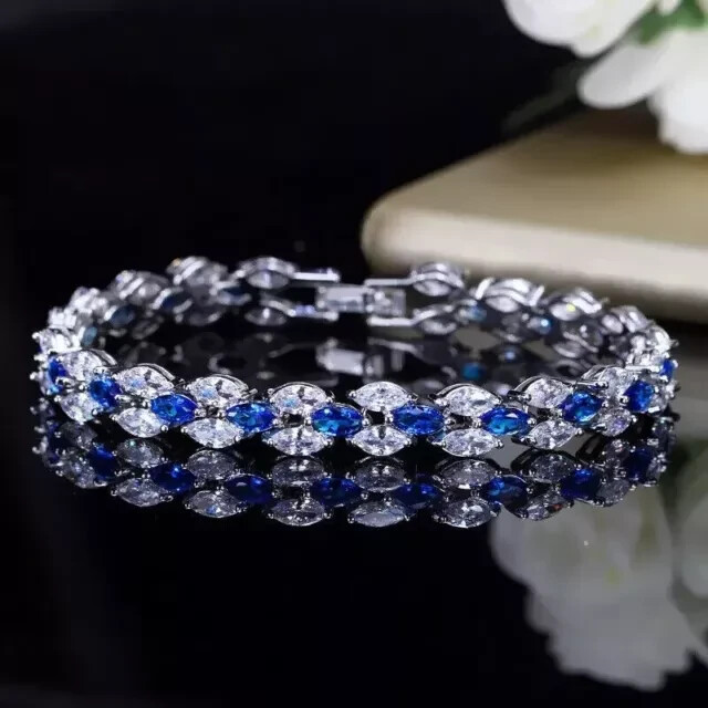 14K White Gold Plated 8Ct Lab-Created Oval Sapphire Tennis Bracelet 7 Inches  