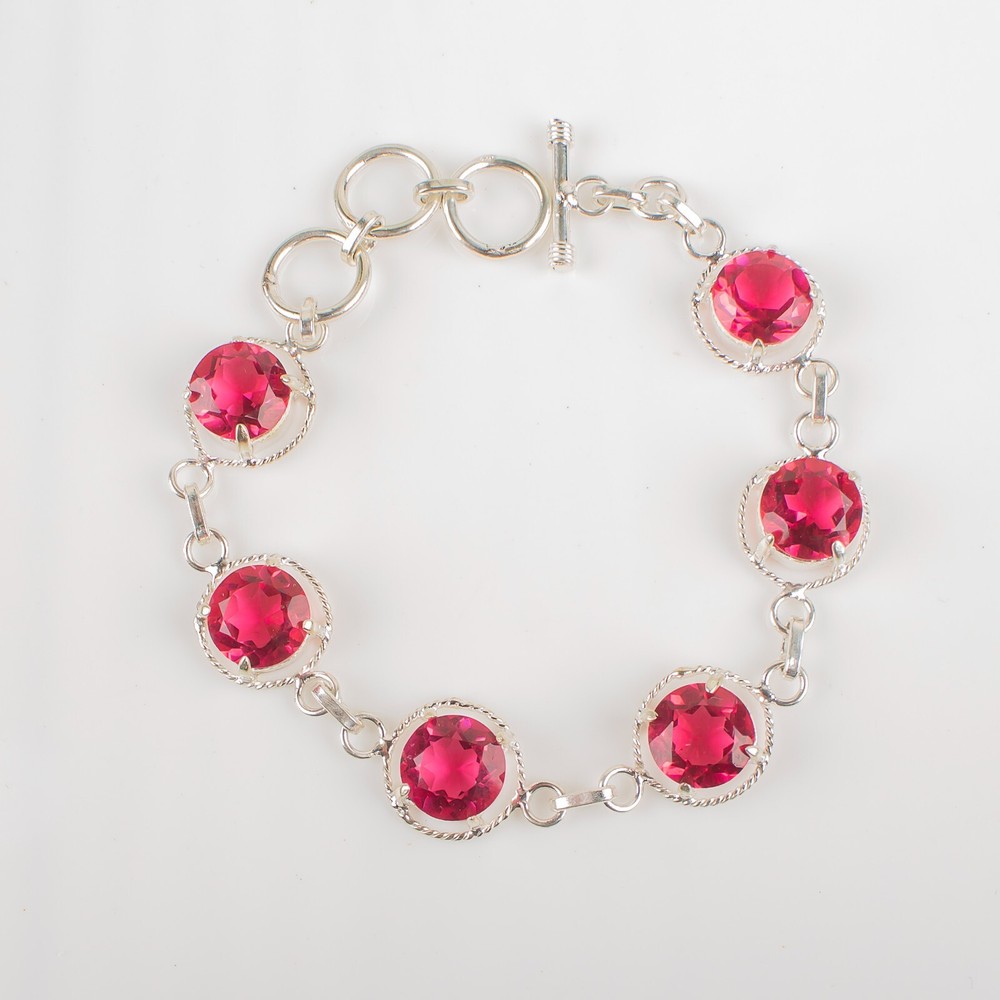 Anniversary Gift For Her Natural Pink Tourmaline Chain Bracelet 925 Silver