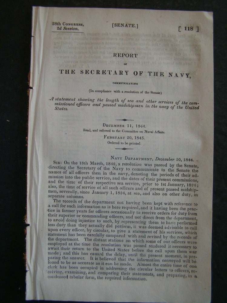 Government Report 1845 Statement Length of Sea & Other Services of Navy Officers