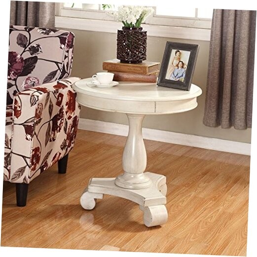 Antique White Rene Round Wood Pedestal Side Table