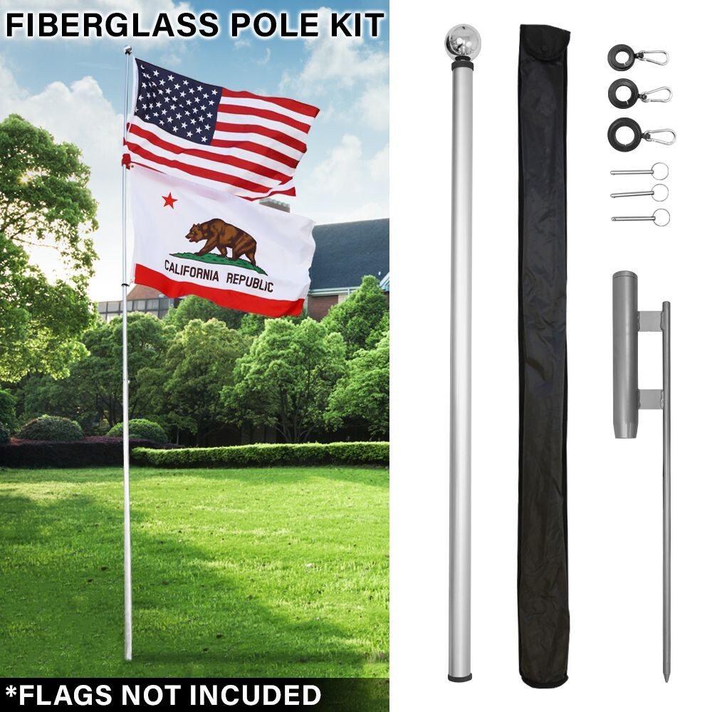 16ft Locking Fiberglass Telescoping Flag Pole & Ground Spike Kit