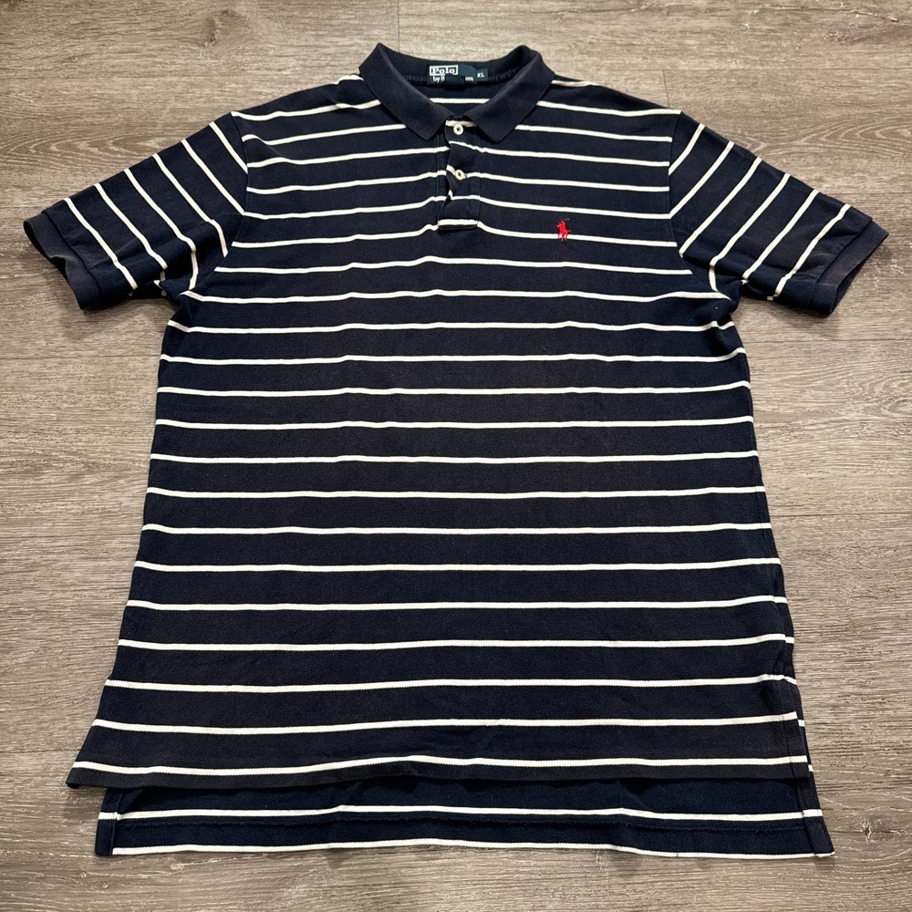 Ralph Lauren Polo Shirt Mens XL Blue White Striped Short Sleeve Red Pony Cotton