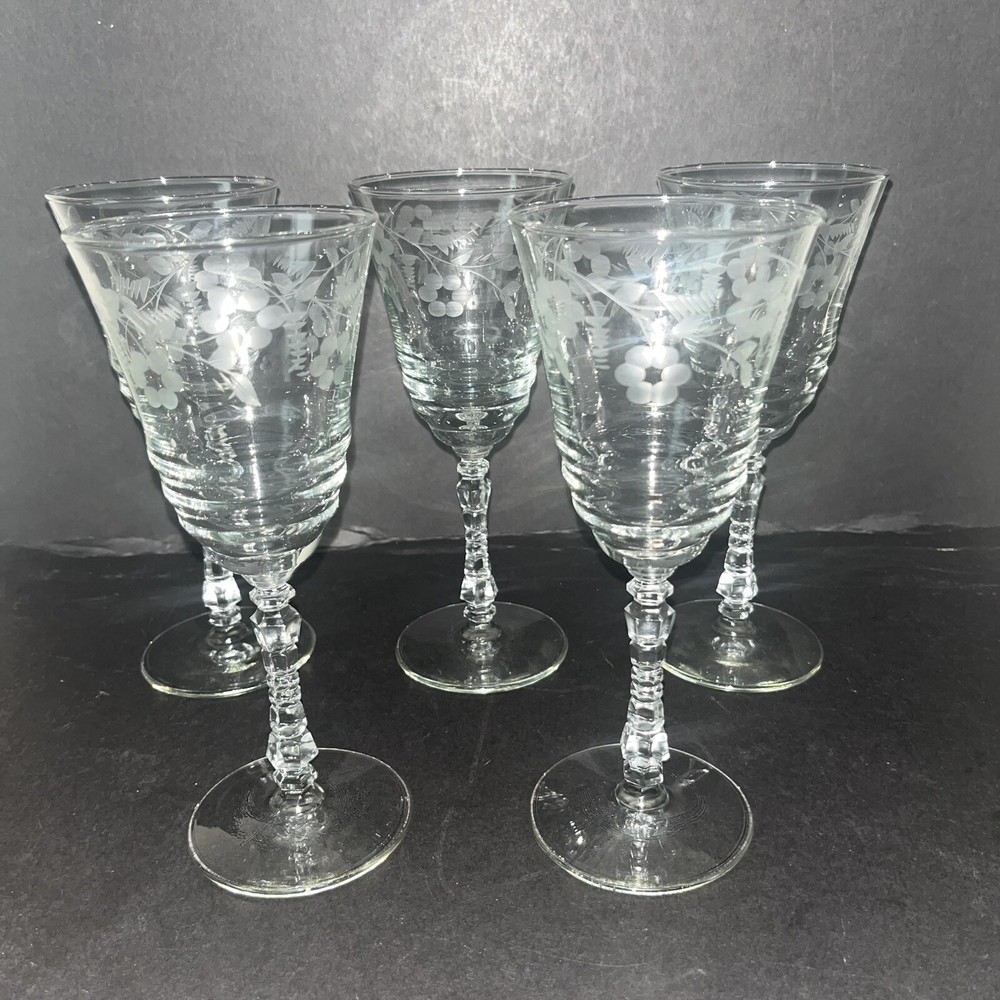 Libbey Rock Sharpe 3005 Floral Cut Water Goblets Set of 5