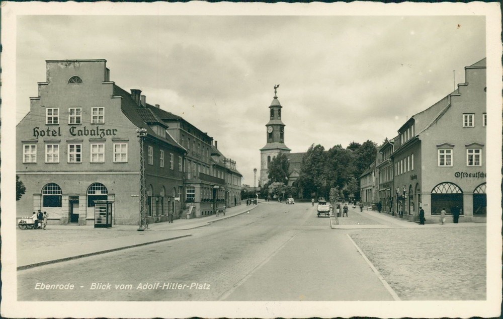 Postcard (b167) Ebenrode View from Adolf Hitler Square 1940 Hotel Cabalzar P