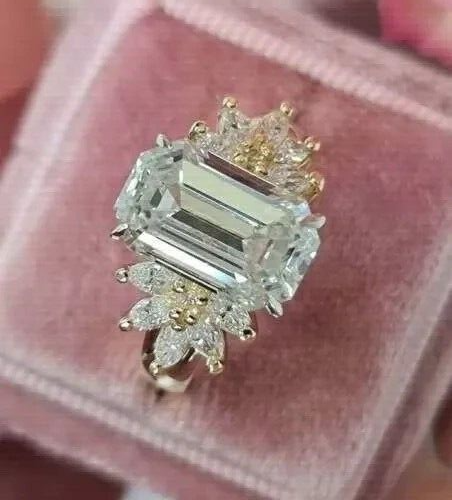 14k Yellow Gold Plated 3Ct Emerald Cut Simulated Diamond Women's Engagement Ring