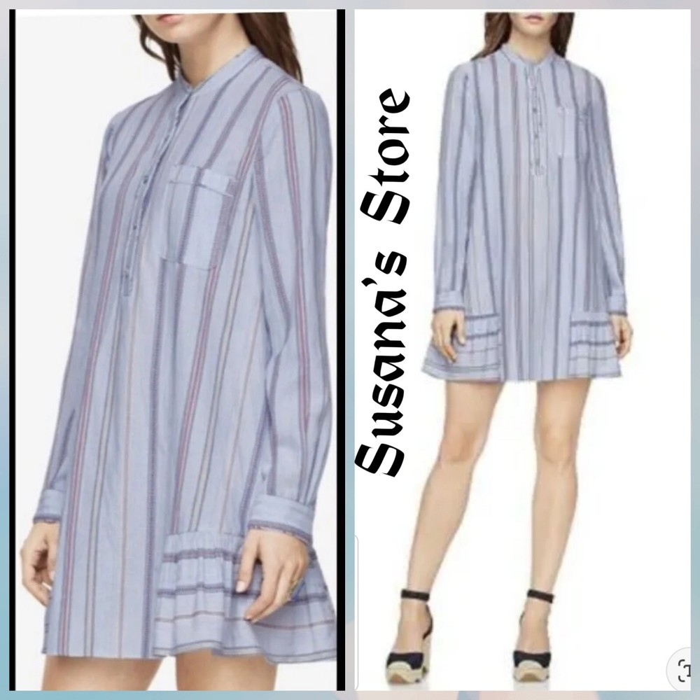 NWT BCBG MAXAZRIA SIZE XXS Lucile Ruffle Striped  Button Up Shirt Dress MSP $248
