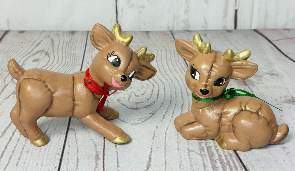 Lot Of 2 Kimple Ceramic Reindeer Christmas Figurines Hand Painted 4” & 5.5” L