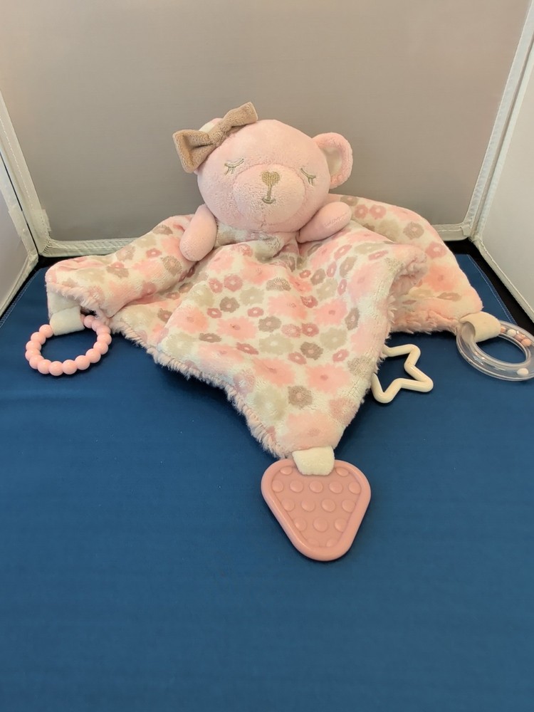 Dream Gro Pink Bear Activity Blankie Lovey Security Blanket Teether and Rattle