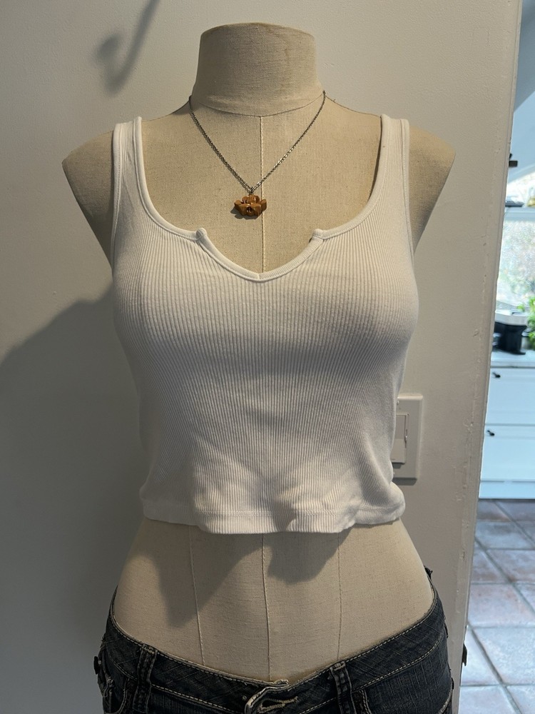 Brandy Melville White Ribbed Cropped Tank  Top with Slit, One Size, 100% Cotton