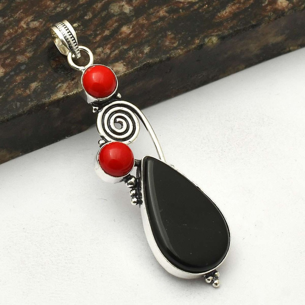 Black Onyx Coral Gemstone Handmade Pendant Jewelry Gift for Promise Day 3 Inch AP-73512