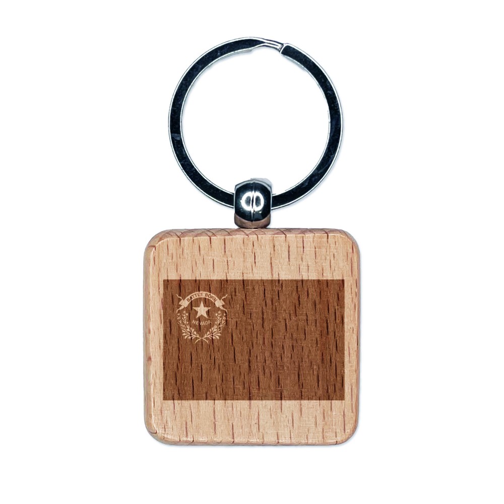Nevada Wooden State Flag Keychain Engraved Square Charm