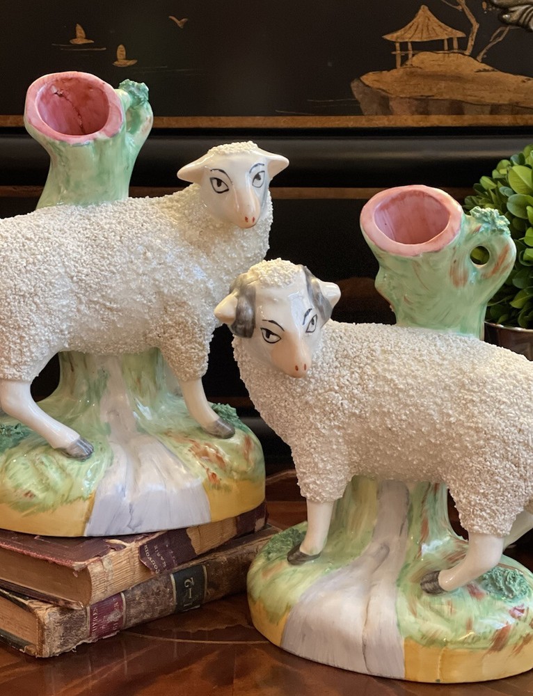 Superb Large 19C English Staffordshire Ewe Ram Sheep Lamb Spill Vase Pair 7.25”