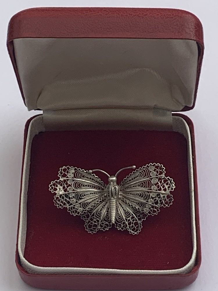 Merlo Sebastiano 800 Silver Filigree Butterfly Brooch Pin Signed