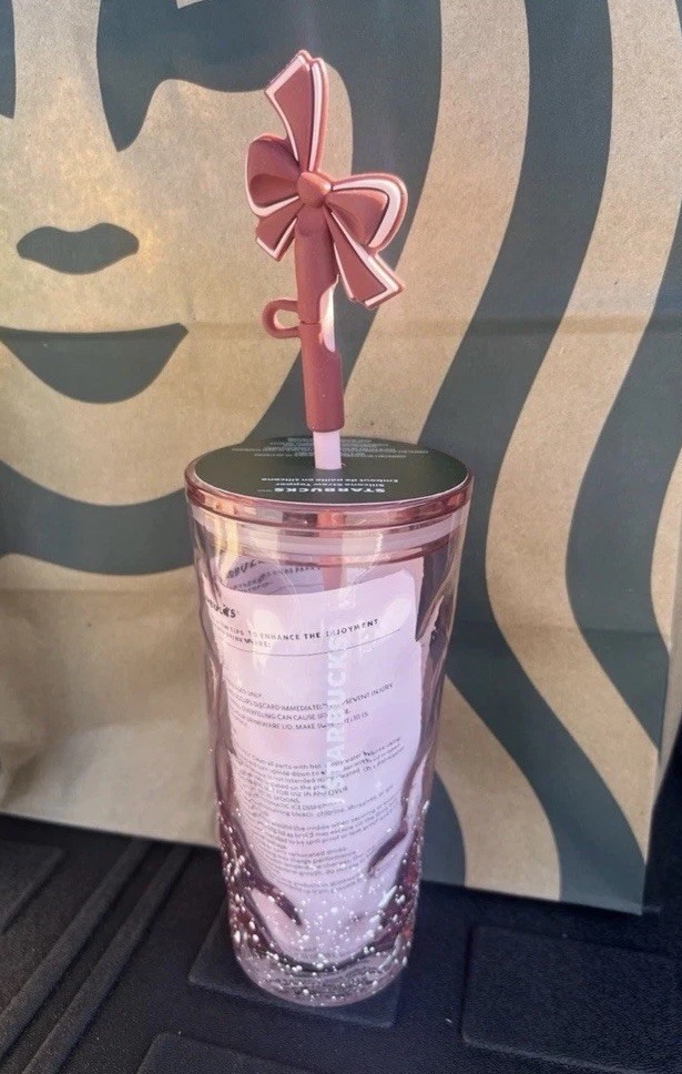 🎀NWT Starbucks 2025 Christmas Pink Glass Snow Globe Cold Cup w/Bow Topper HTF!