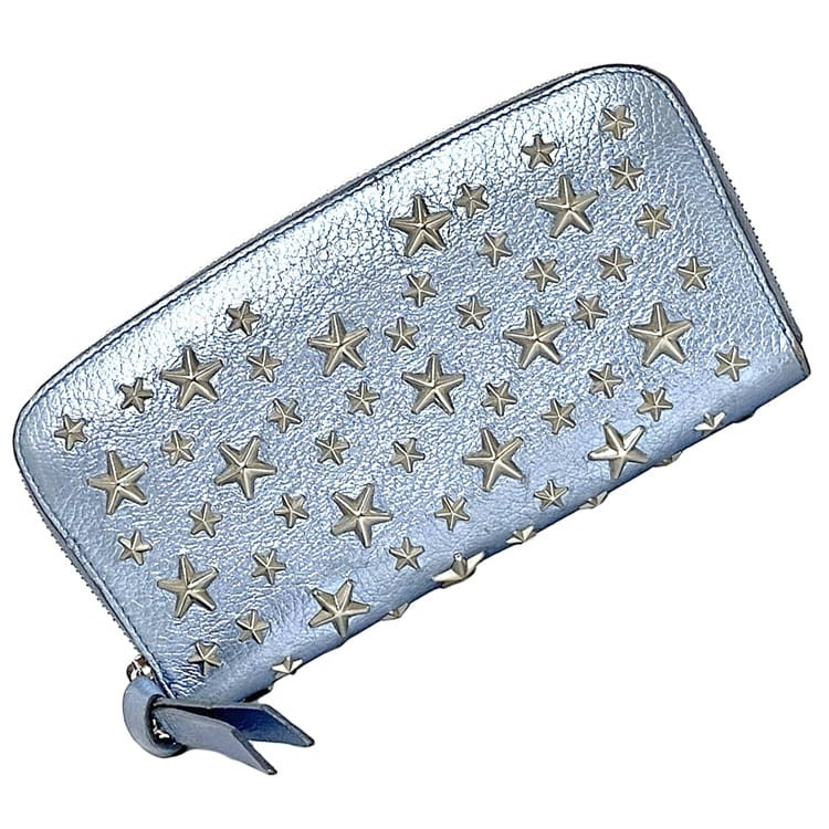 Jimmy Choo Philippa Long Wallet Light Blue Silver Leather with Studs and Star Detail