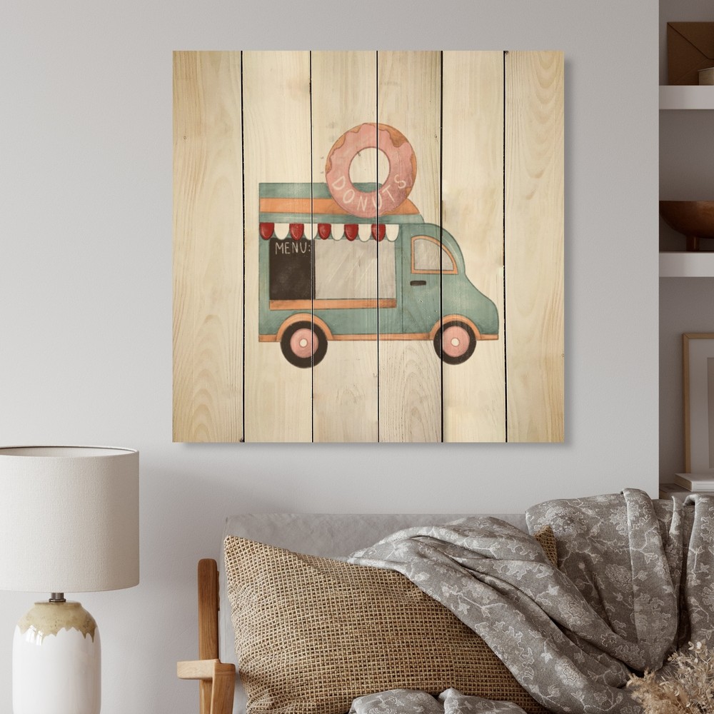 Designart 'Vintage Donut Van Kiosk' Children's Art Wood Wall Art Décor -
