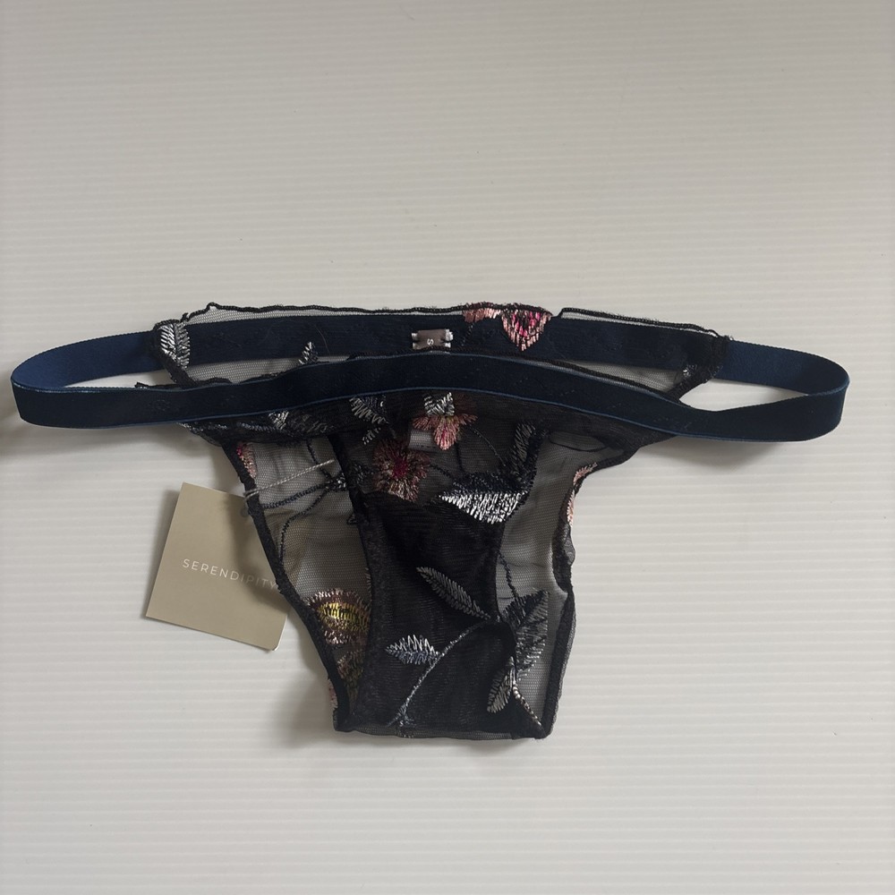 Serendipity Floral Embroidered Black Thong With Mesh Size 2