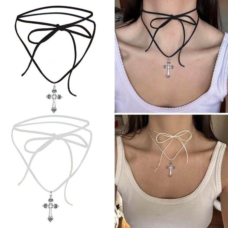 Cross Pendant Choker Alloy Material Cloth Accessory Religious Jewelry for Adults