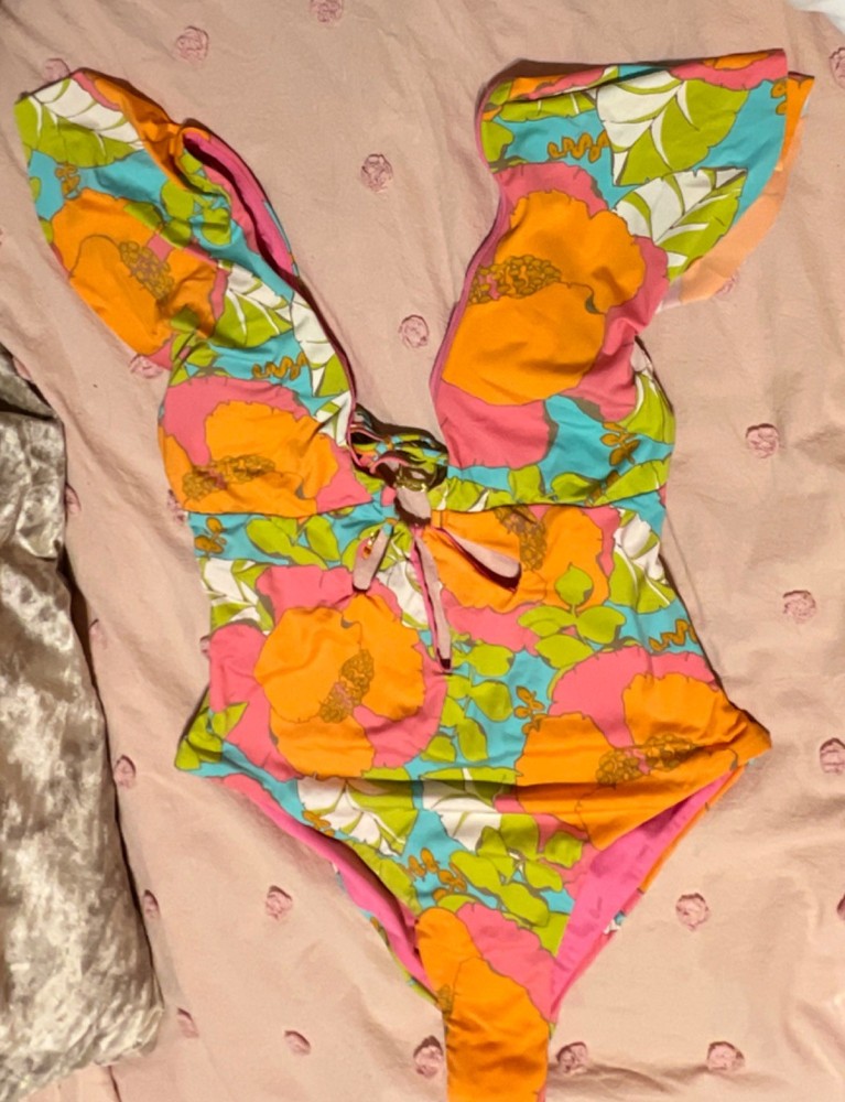 Trina Turk Floral Ruffle Wide Strap One Piece Swimsuit for Women Size 10