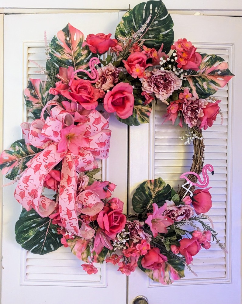 Pink Flamingo Summer Grapevine Wreath for Tropical Decor
