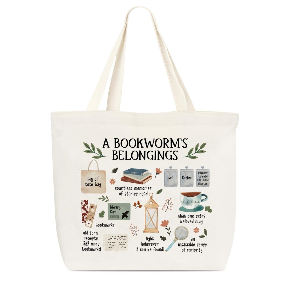 Canvas Tote Bag, Book Tote Bag, Book Lover Gift, A Bookworm's Belongings Tote...