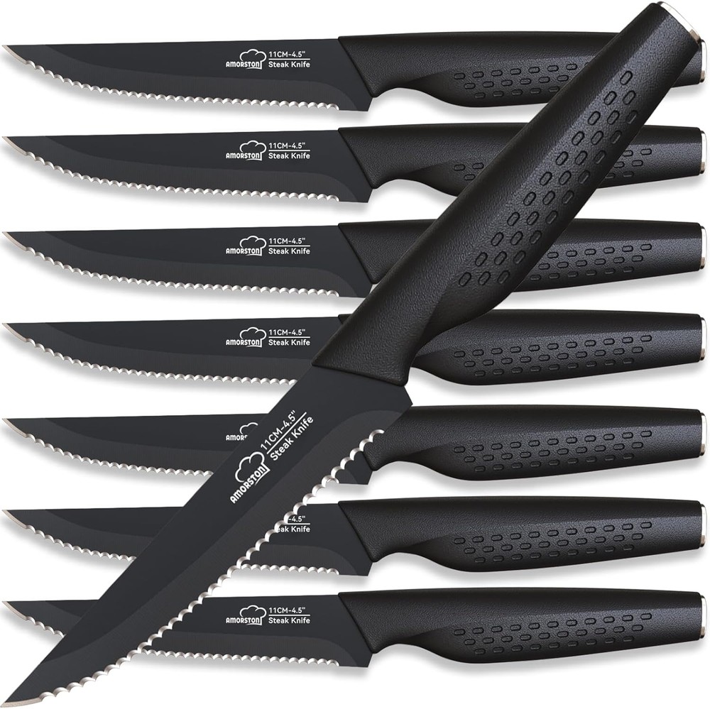 8-Piece Black Stainless Steel Steak Knives Set for Ultimate Dining Elegance