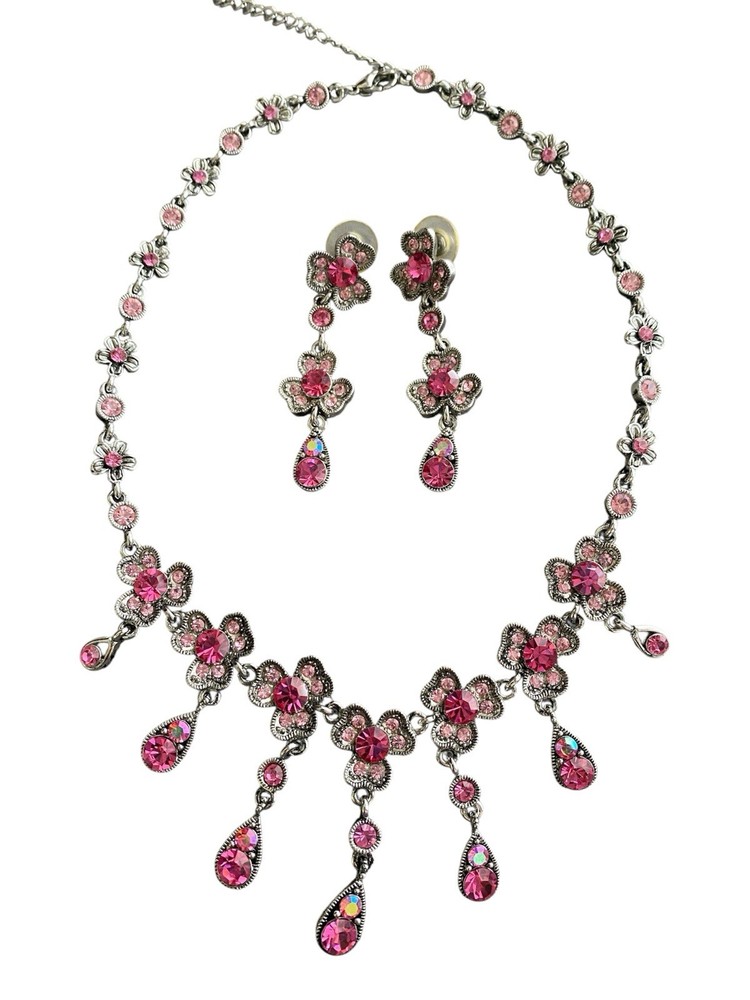 Pink Clover Three Leaf Dogwood Aurora Borealis Crystal Necklace and Earring Set