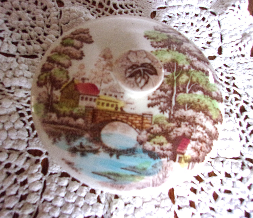 Vtg transferware bowl condiment divided server w/ lid leaf trim & pastoral scene