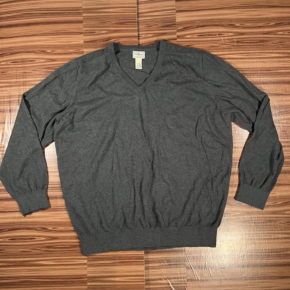 LL Bean Sweater Mens 2XL Gray V Neck Cotton Cashmere Pullover Classic XXL