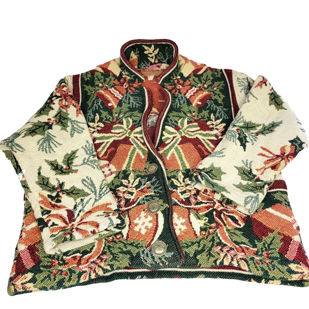 Vintage Tapestry Holiday Jacket One Size 100% Cotton Button Front Festive Design