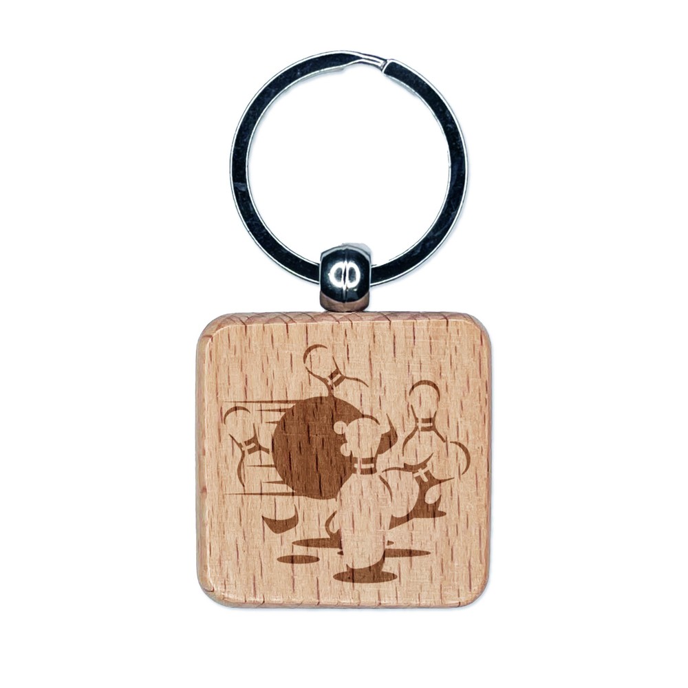 Bowling Ball Knocking Over Bowling Pins Engraved Wood Square Keychain Tag Charm