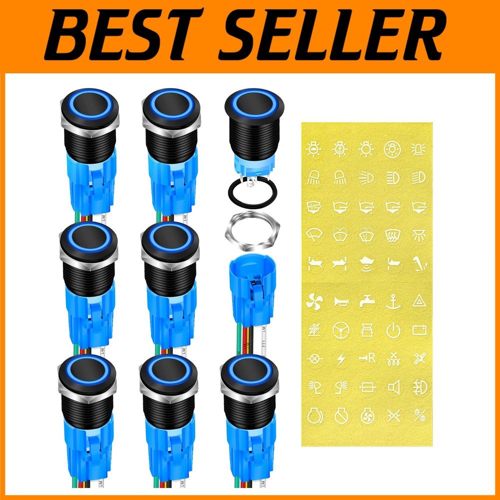 12V Waterproof Blue LED Marine Switch 19mm Latching Push Button 8 Pack
