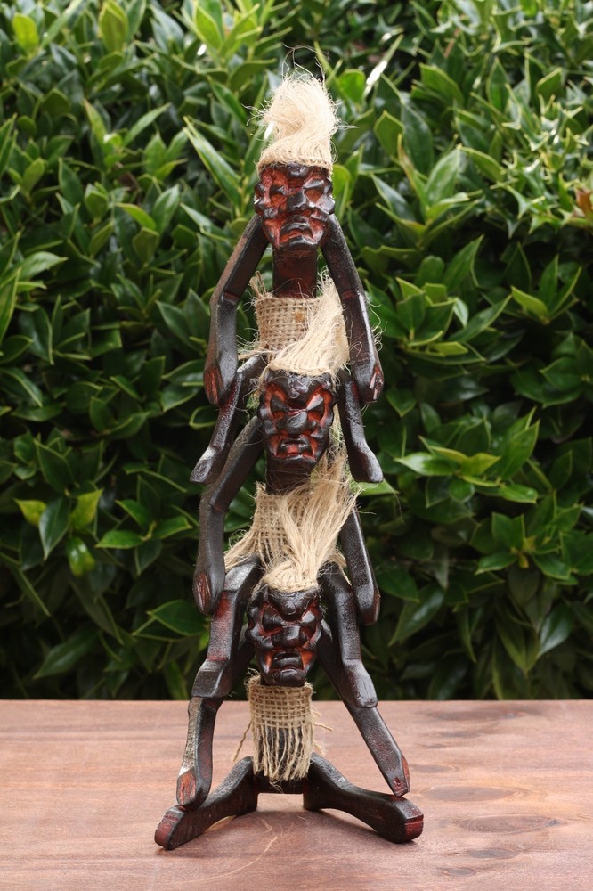 Handmade Wooden 3 Primitives Stacking Tribal Statue Sculpture Tiki Bar Figurine