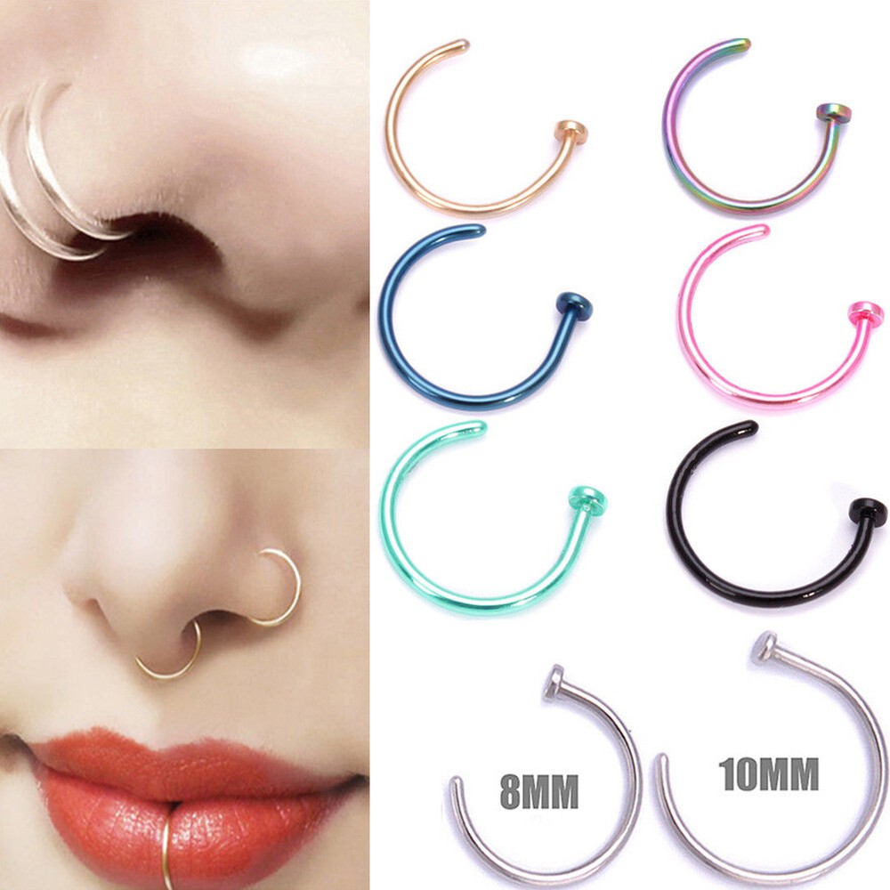 2PCS Surgical Steel Open Nose Hoop Lip Ring Piercing Stud 5 Color Options
