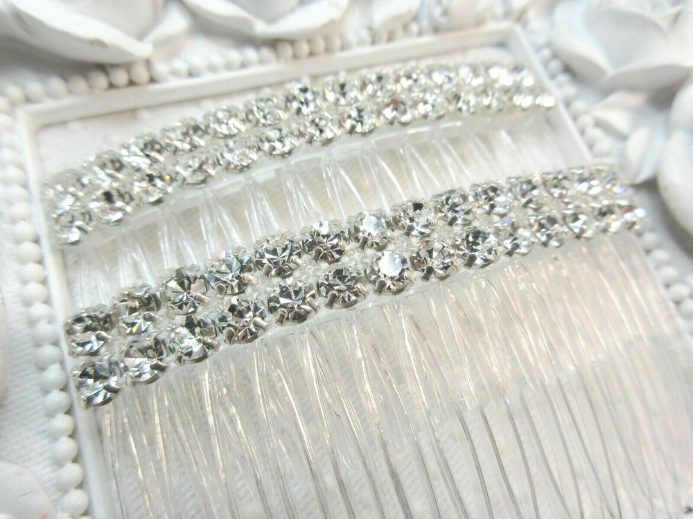 Double Row 5 mm Rhodium Plated Swarovski Elements Bridal Side Hair Comb Pair-image