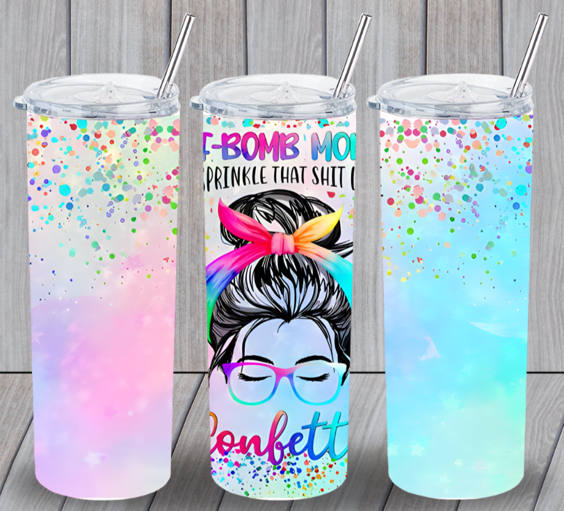MOM LIFE 11 F Bomb Confetti Multicolor 20oz Insulated Tumbler Lid Straw New