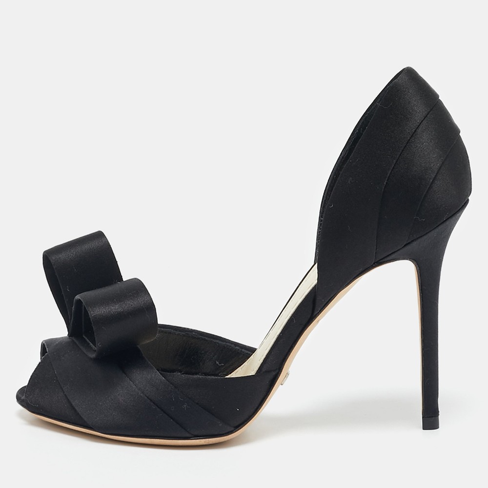 Dior Black Satin Peep Toe Bow DOrsay Pumps Size 35 EU