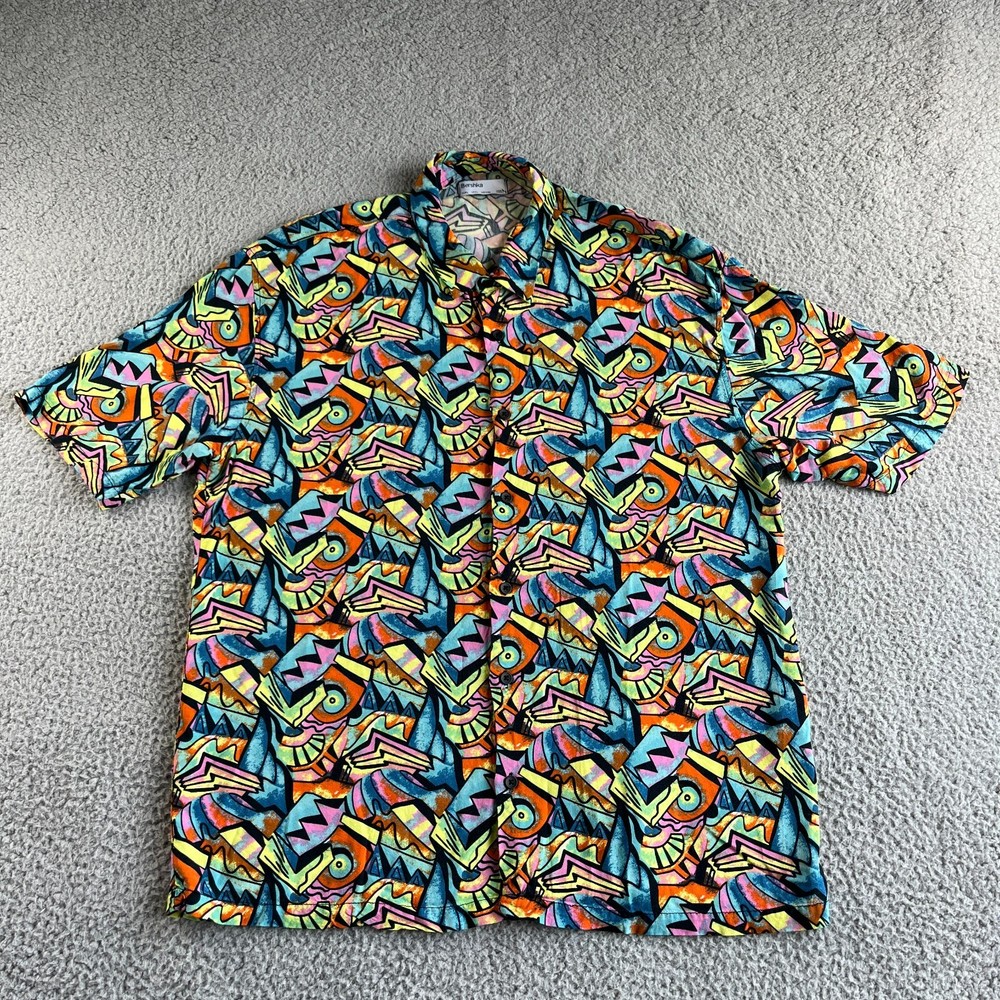 NEW Bershka Shirt Mens Large Multicolor Button Up Geometric Boho Hawaiian Aloha