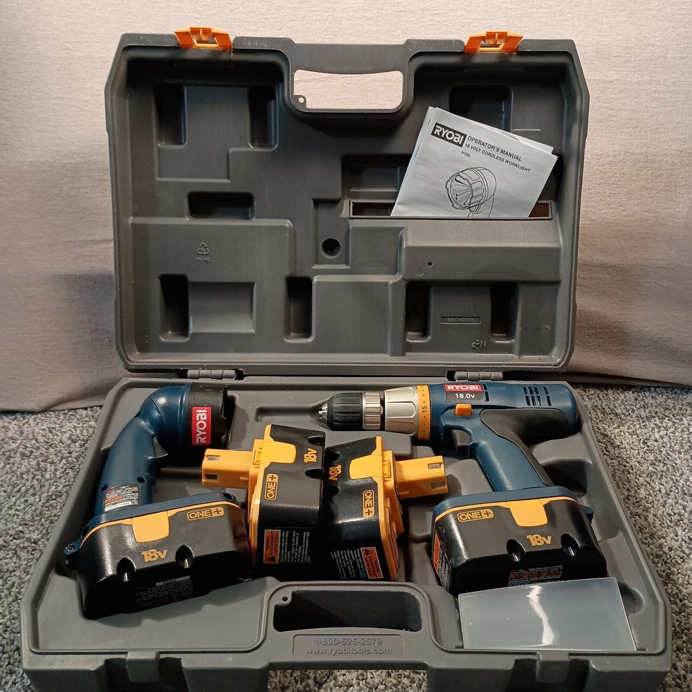 Ryobi Tools 18V 1/2 Drill-Driver Flashlight 4 Batteries Hard Carrying Case