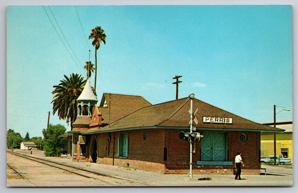 Santa Fe Train Station Depot Perris Southern Cal Railway CA C1950s Postcard AA16