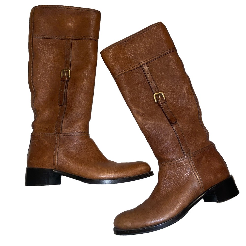 Prada Brown Leather Tall Riding Boots Women Size 7.5 Donna English Countryside Pull On