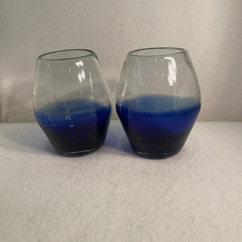 Hand Blown Blue Glass Votive Candle Holders Set of 2