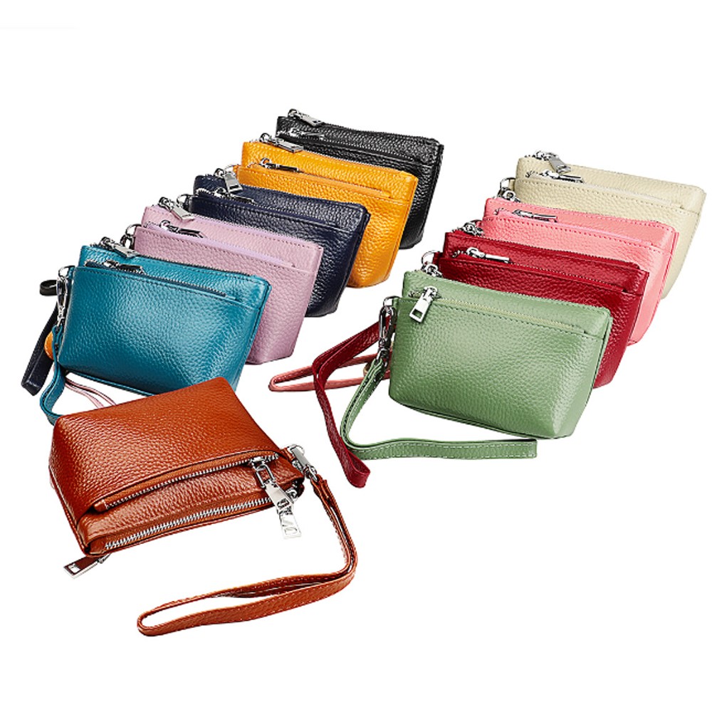 Women's Genuine Leather Small Coin Holder Change Purse Zipper Key Card Wallet