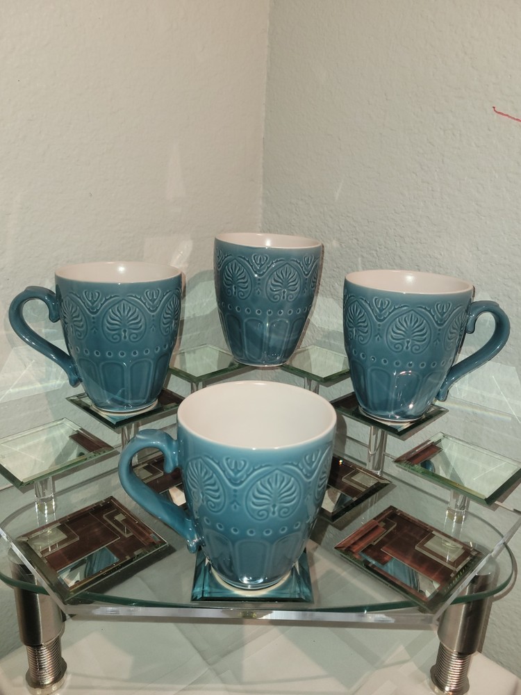 Pfaltzgraff Carmela Turquoise Dolce Aqua Embossed Leaf Scroll Mugs Set of 4