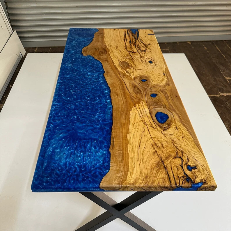 Blue Solid Epoxy Dining Table, Wooden Living Room Epoxy Table For Home Decor