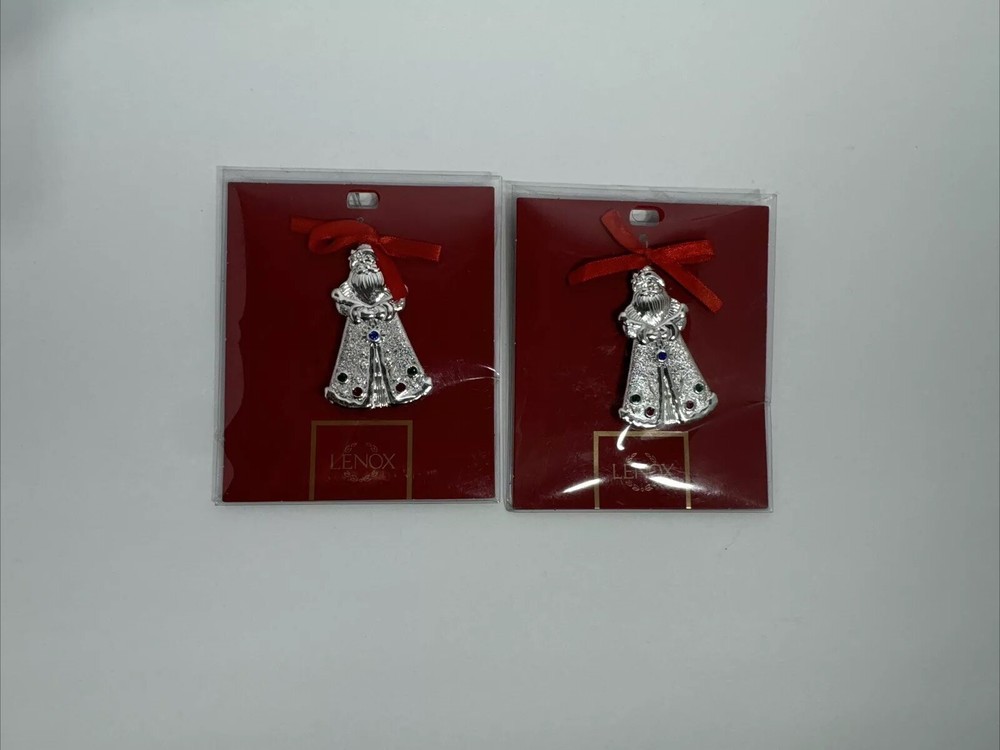 2 Lenox Jeweled Silver Charm Santa Ornament 2.5in
