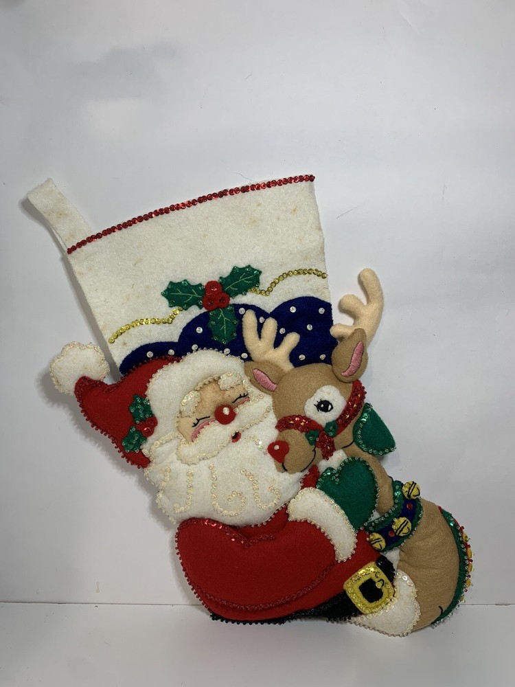 Vintage Bucilla Santa & Rudolph Beaded Christmas Stocking