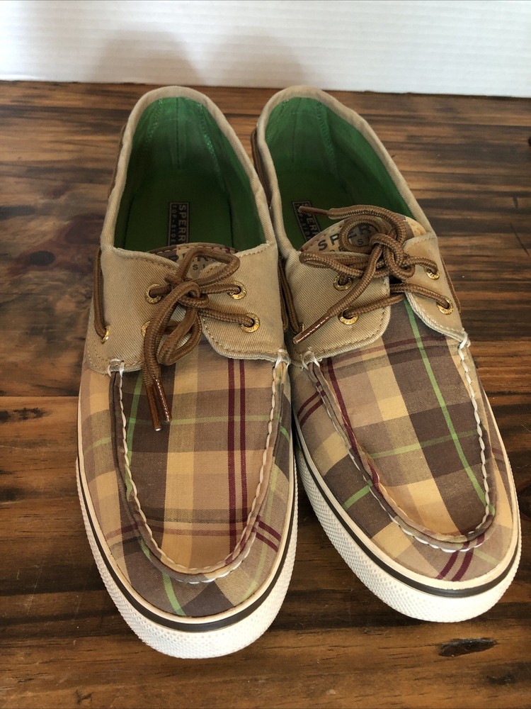 Women’s Size 11 Sperry Top Sider Boat  Houndstooth Tan Plaid Shoes 2-Eye 9774613